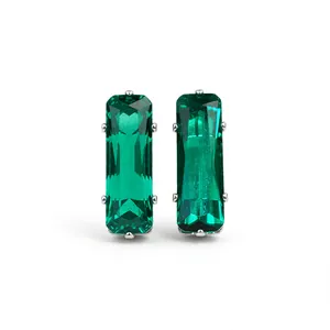 Elegant rectangular emerald green zircon stud earrings in silver-tone setting