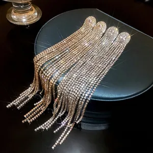 Exaggerated Long Tassel Drop Earrings With Oval Zirconia Inlaid Copper Rhinestone Fashion Silver Earring Post For Women Wedding Jewelry