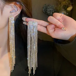 Sparkling long rhinestone tassel earrings with oval zircon dangle for women fashion