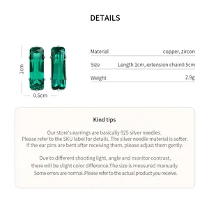 Detail view of emerald green square zircon stud earrings with 1cm length measurement