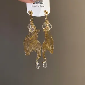 Vintage New Chinese Style Koi Fish Earrings For Women Copper Hollow Out Artificial Crystal Teardrop Silver Post Jewelry