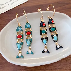 Orecchini Pendenti a Forma di Pesce in Smalto Vintage Spagnolo per Donna Placcati in Oro Perno in Argento Sterling 925 Gioielli Artistici con Strass Regalo