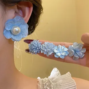 Elegant blue fabric flower stud earrings set with pearls for women fashion jewelry