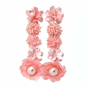 Elegant pink tiered floral dangle earrings with pearls and sweet lace design