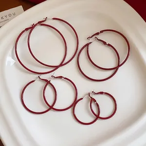 Orecchini a Cerchio Geometrici Tondi Rosso Vino per Donna Grandi Cerchi Minimalisti Con Perno in Argento Sterling 925 Gioielli di Moda