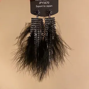 Elegant black feather tassel earrings with sparkling zircon details for vintage style