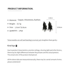Detailed product specification chart for black feather tassel earrings with dimensions.