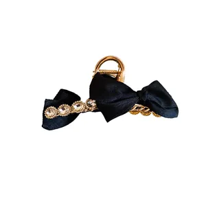 Elegant black silk bow hair claw clip with sparkling rhinestones, French style hair accessory