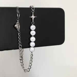 Korean Style Asymmetrical Faux Pearl Splicing Necklace For Women Silver Color Star Heart Pendant Clavicle Chain Jewelry