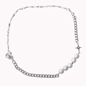 Minimalist silver asymmetric necklace featuring white pearls and star charm details for women