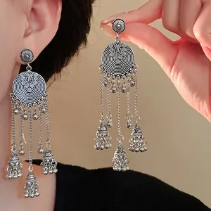 Vintage Ethnic Round Tassel Bell Drop Earrings For Women Bohemian Alloy Jewelry With Silver Earring Post Elegant Accessory Gift