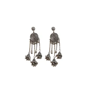 Vintage silver-colored ethnic jhumka earrings with bell tassels on white background