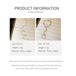 Product detail page for resin tassel necklace showing specifications and materials.