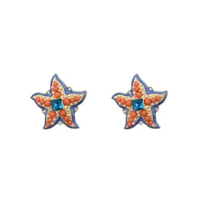 Boucles d'oreilles vintage en forme d'étoile de mer dorées avec émail bleu et perles