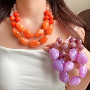 Damen Chunky Acryl Perlenkette Doppellagig Unregelmäßige Marmortextur Muschel Design Statement Halskette Schmuck