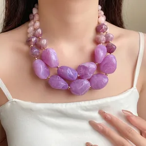 Elegante lila Marmor Acryl klobige zweilagige Perlenkette für Damen