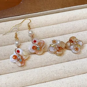18K gold plated zircon flower and pearl earrings set in elegant vintage court style