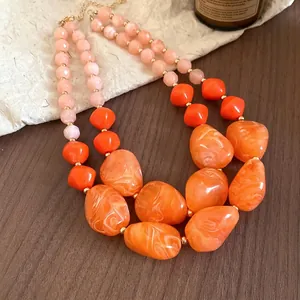 Bohemian chunky zweilagige orange und pfirsichfarbene Acrylperlenkette für Damen Mode