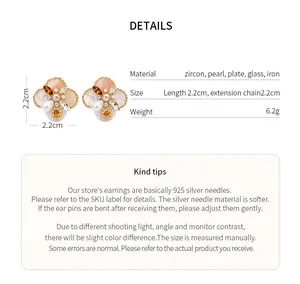 Detailed specifications for vintage floral earrings with zircon and pearl accents
