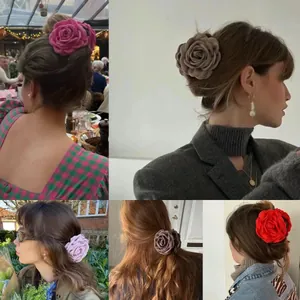 Korean Style Sweet Large Fabric Flower Hair Claw For Women Elegant Rose Hair Clip Back Of Head Hair Accessories Handmade Floral Hairgrip