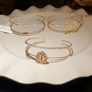 Pulsera Abierta de Lujo con Nudo de Circonia de Doble Capa para Mujer Joyería de Moda Europea Chapada en Oro Brazalete Geométrico Cuadrado Trébol