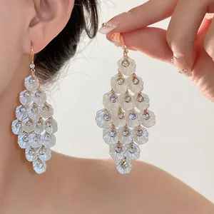 Elegant Layered Shell Petal Tassel Drop Earrings For Women Gold Plated Hook Rhinestone Inlaid Handmade Bohemian Statement Earrings