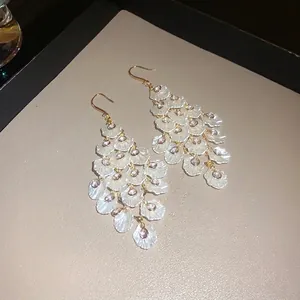 Fashionable shell tassel dangle earrings with sparkling zircon accents in gold finish
