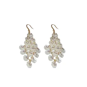 Elegant layered shell petal drop earrings with sparkling zircon accents on golden hooks