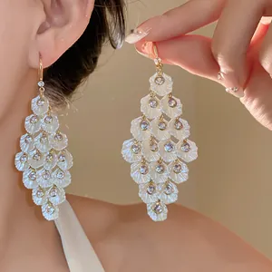 Detailed view of elegant shell tassel earrings with zircons for a stylish fashion look