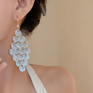 Close-up of elegant shell and zircon tassel earrings worn by a model