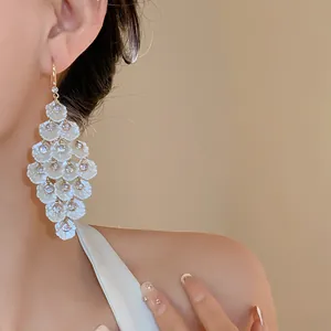 Detailed macro view of elegant layered shell tassel earrings with sparkling zircon studs