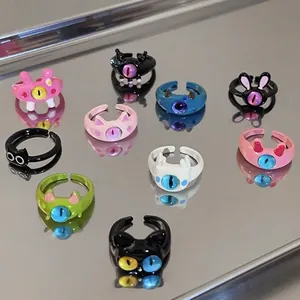 Quirky Cartoon Monster Eyes Adjustable Open Ring For Women Girls Fashion Y2K Enamel Animal Cat Rabbit Finger Jewelry Gift