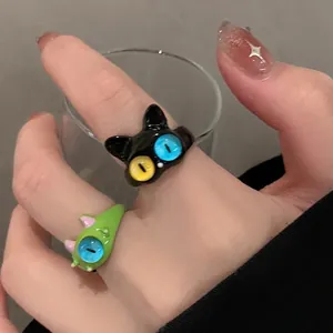 Cute cartoon black cat and green monster open rings for fashion women and girls