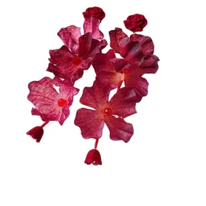 Elegant burgundy fabric flower drop earrings for summer beach vacation style.