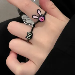 Cute cartoon black cat and rabbit open ring with colorful enamel details