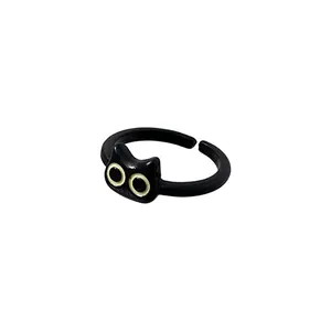 Cute quirky black cartoon cat open ring adjustable minimalist fashion jewelry gift