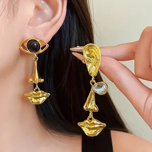 Vintage Palace Style Asymmetric Long Drop Earrings With Surrealist Eye And Mouth Design Alloy Rhinestone Earrings With 925 Sterling Silver Post For Women