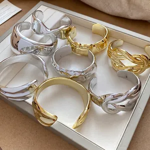 Stylish glossy pleated geometric open cuff bracelets in gold and silver metallic finish