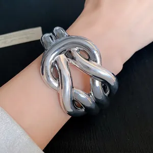 Statement silver acrylic knotted open cuff bracelet with pleated geometric design