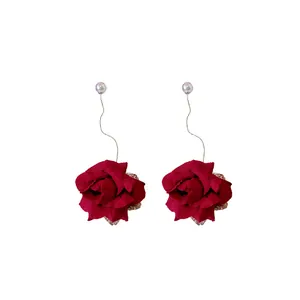 Elegant red fabric rose drop earrings with artificial pearls and silver wavy chains