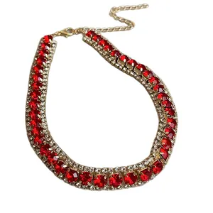 Exquisite vintage royal style choker necklace with red crystals and clear rhinestones