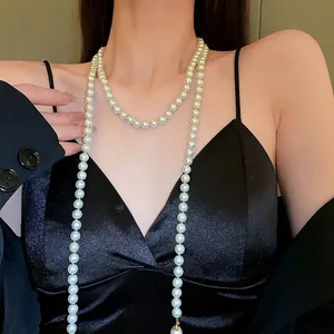 Elegant French retro long pearl multi-layer necklace for women stylish luxury jewelry