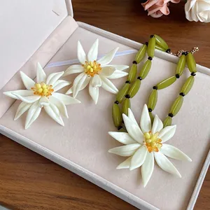 Exaggerated 3D Flower Jewelry Set For Women Handmade White Flower Earrings With Silver Post Olive Green Bead Necklace Vacation Jewelry