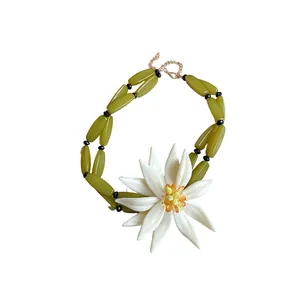 Handmade olive green beaded necklace with large white 3D flower pendant for women