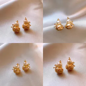 Luxury Alloy Gourd Shape Artificial Pearl Stud Earrings With Rhinestone Bowtie And Silver Earring Post Elegant Women Jewelry
