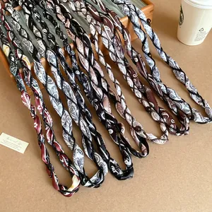 Bohemian woven silk scarf waist chain with wooden beads and vintage paisley patterns