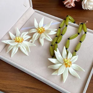 Macro view of 3D white flower necklace and earrings set inside an elegant jewelry box