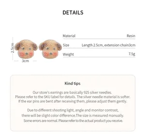 Detail view of cute resin puppy stud earrings with product dimensions and 925 silver needle info.