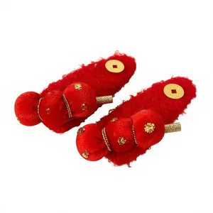 Festive red flocking Tanghulu hair clips for Chinese New Year, set of two hair accessories