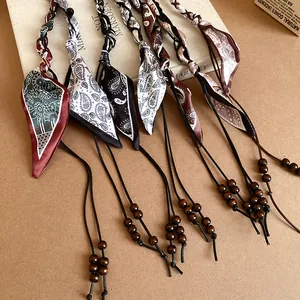 Set of six bohemian woven silk scarf waist chains decorated with vintage dark wooden beads